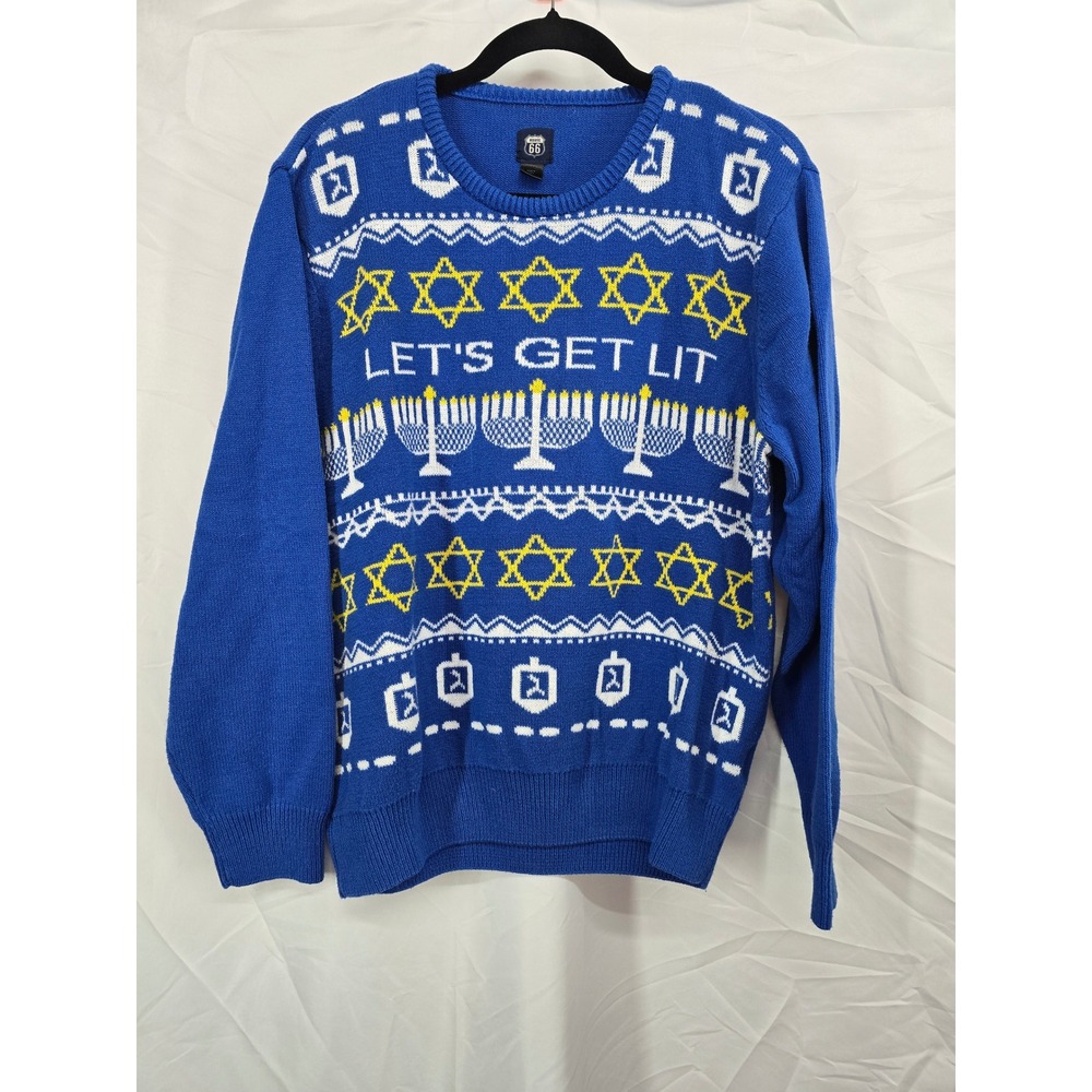 Route 66 Mens Hanukkah Sweater Lets Get Lit Menorah Star of David Blue Large‎